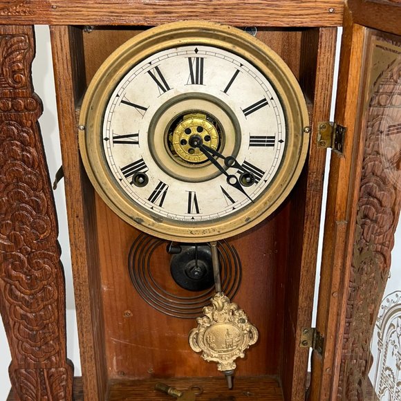ANTIQUE INGRAHAM OAK AMERICAN GINGERBREAD CLOCK WORKING MANTLE MANTEL WINDUP - Picture 5 of 16